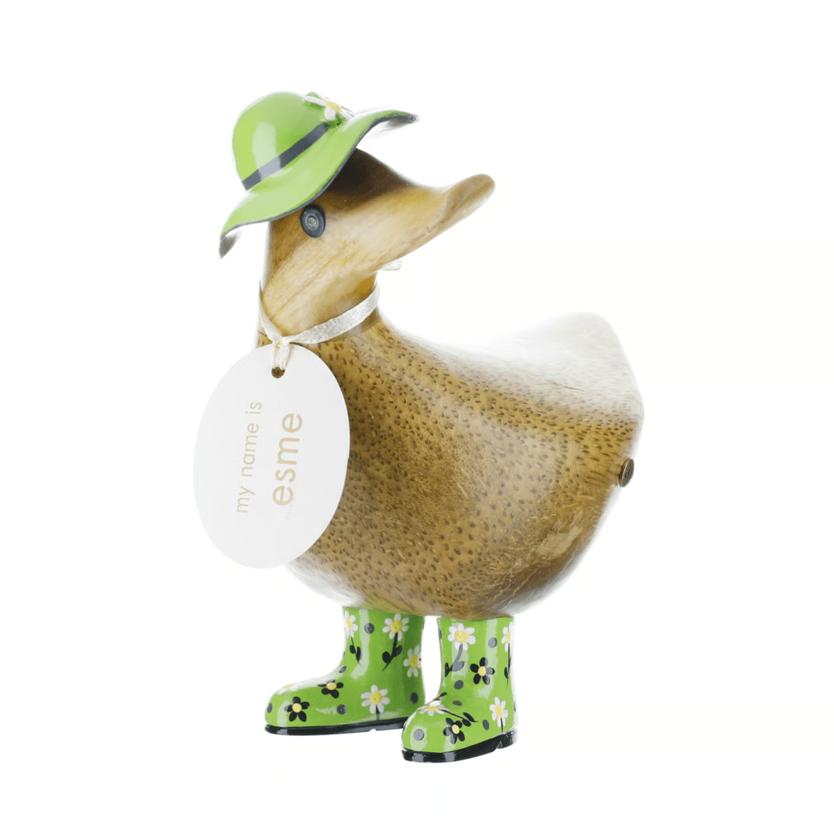 DCUK Ornaments Green Floral Hat and Wellies Wooden Ducky - Choice of Colour