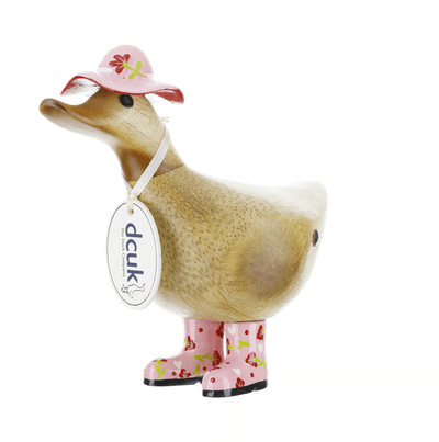 DCUK Ornaments Pink Floral Hat and Wellies Wooden Ducky - Choice of Colour