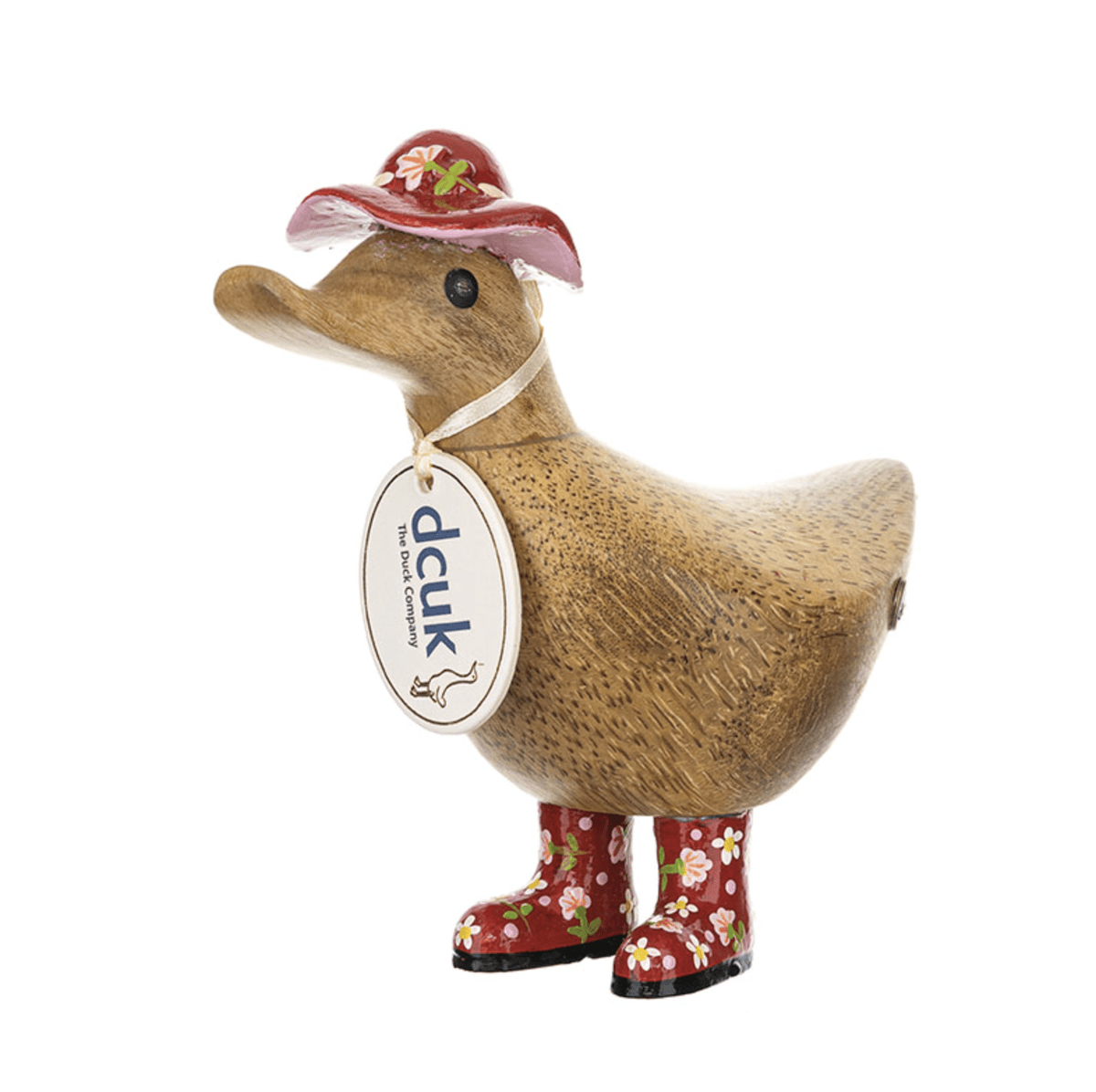 DCUK Ornaments Red Floral Hat and Wellies Wooden Ducky - Choice of Colour