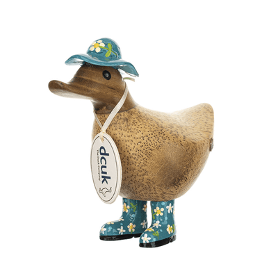 DCUK Ornaments Teal Floral Hat and Wellies Wooden Ducky - Choice of Colour