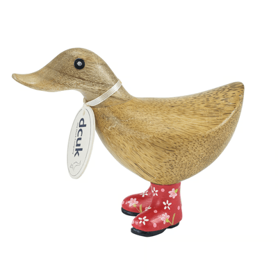 DCUK Ornaments Red Floral Welly Boot Wooden Ducky - Choice of Colour