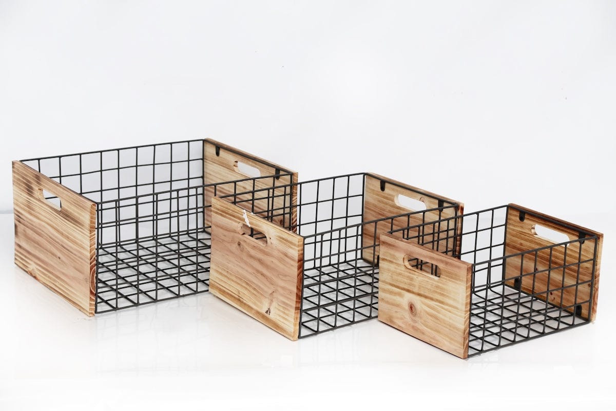 Sifcon International Home accessories Set of 3 Wooden and Metal Storage Baskets