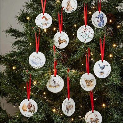 Wrendale Designs Christmas Decorations Set of 12 Fine China Christmas Tree Decorations in Gift Box